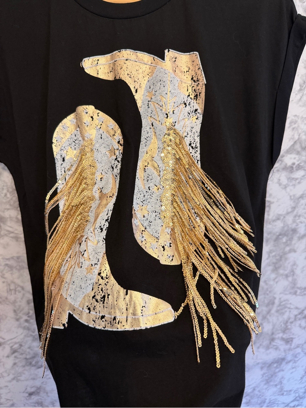 blue.b Black Short Sleeve Tee with Gold Fringe Metallic Graphic